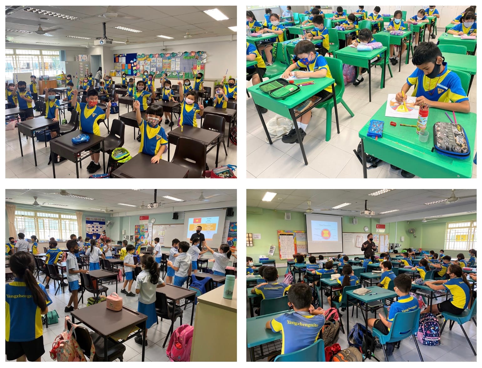 Four classroom scenes showing masked students in blue and yellow uniforms learning, drawing, and participating in activities.